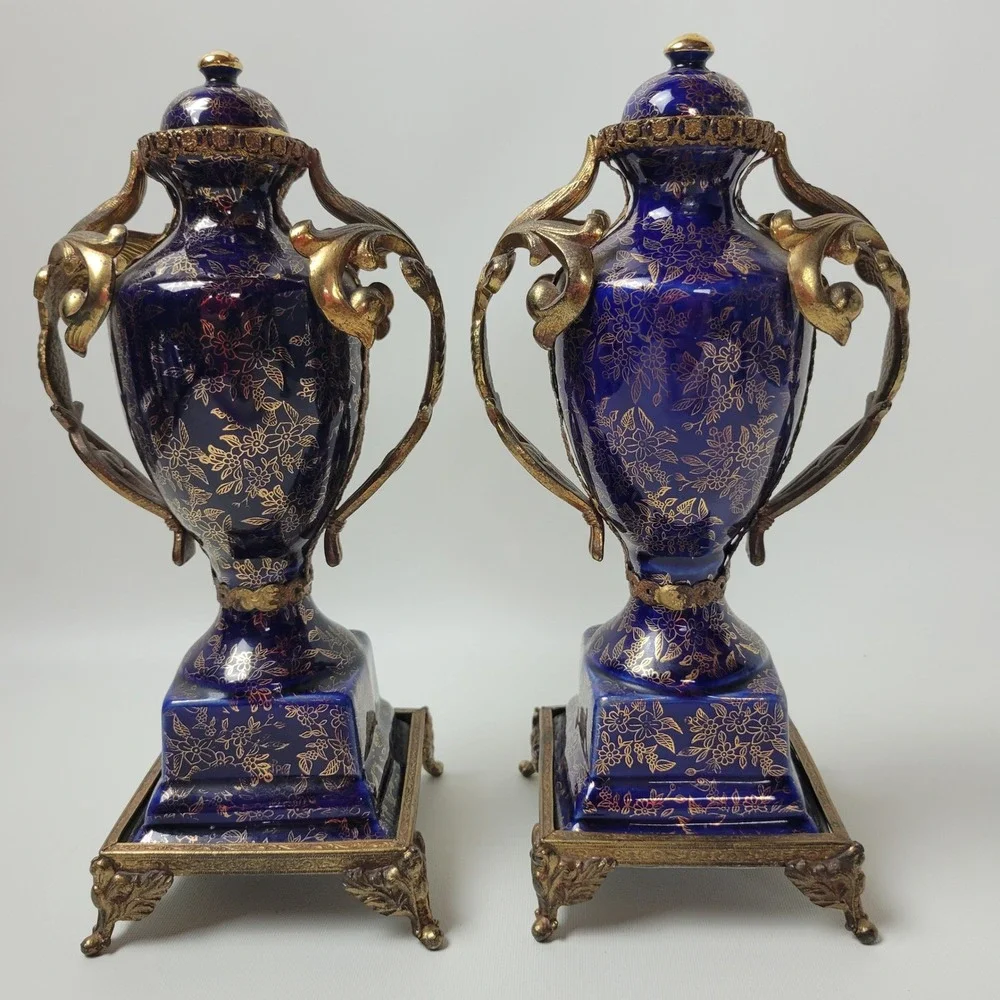 Empire Porcelain Cobalt Gold Gilded Urn Centerpiece 3pc Garniture Set England